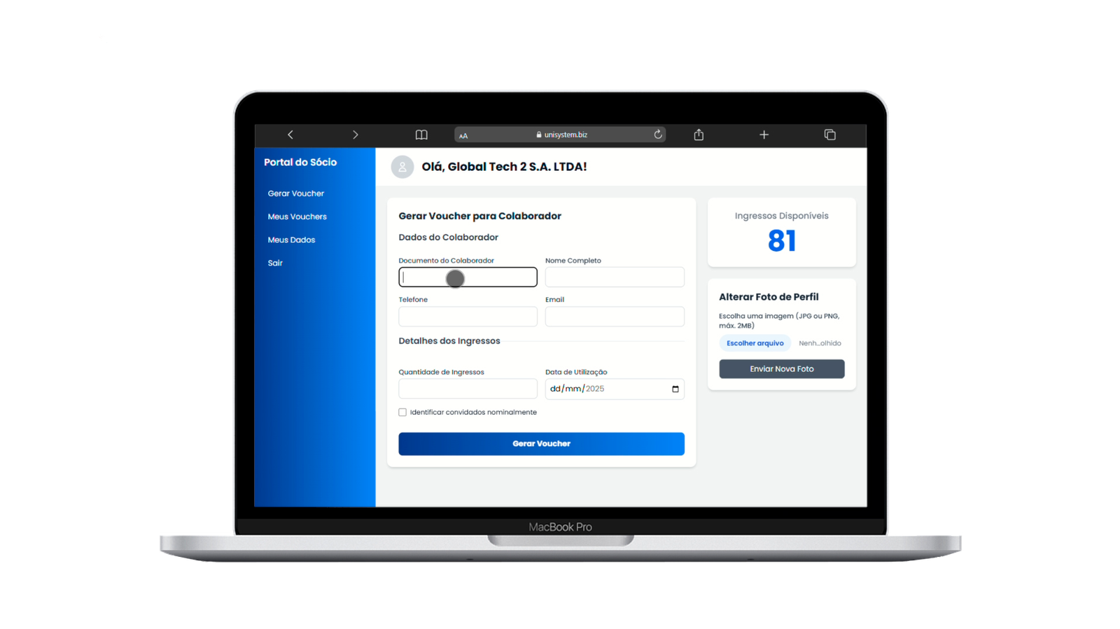 Demonstração de tela do portal empresarial da Unisystem